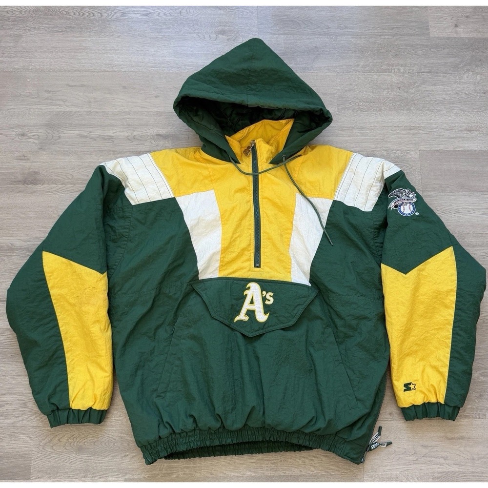 Vintage Oakland Athletics Starter Jacket Mens L Green Hooded Kangaroo Pocket‎
